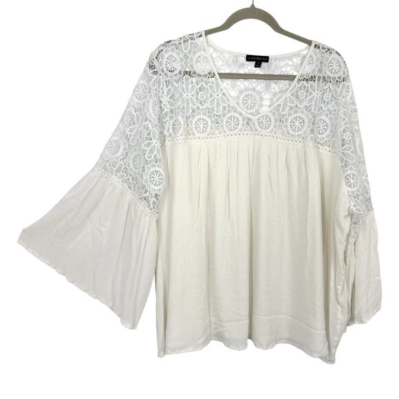 Lane Bryant Lace Shoulder Peasant Top Plus size 28 White 3/4 Bell Sleeve V neck - Picture 1 of 9